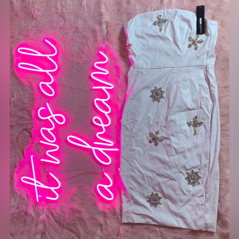 Fashion Nova White Strapless Dress with Silver Accents